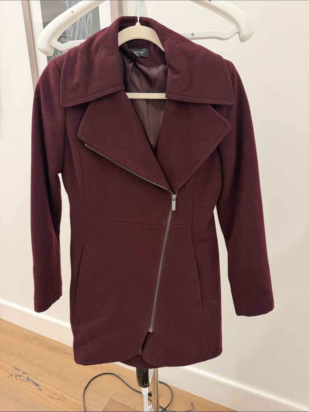 Women's Asymmetrical Zip Wool-Blend Coat - Dark Burgundy/Plum